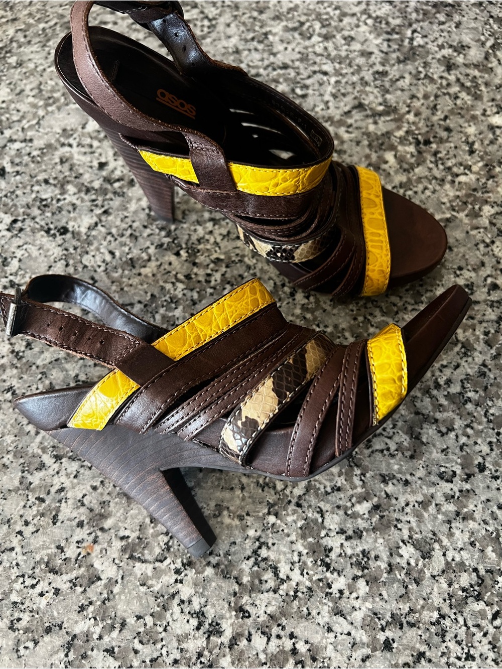 ASOS Brown Leather Heels with Yellow Accent Straps size euro 4 USA 6